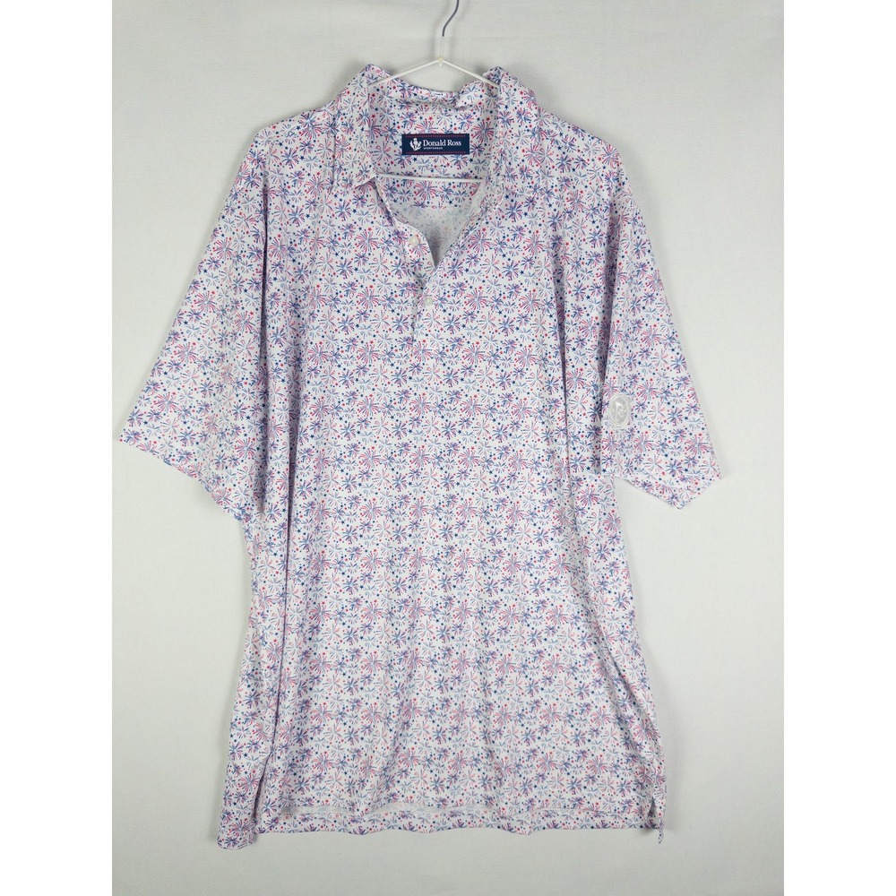 Donald Ross Sportswear Fireworks Print Golf Polo Mens L White Red Blue Country C